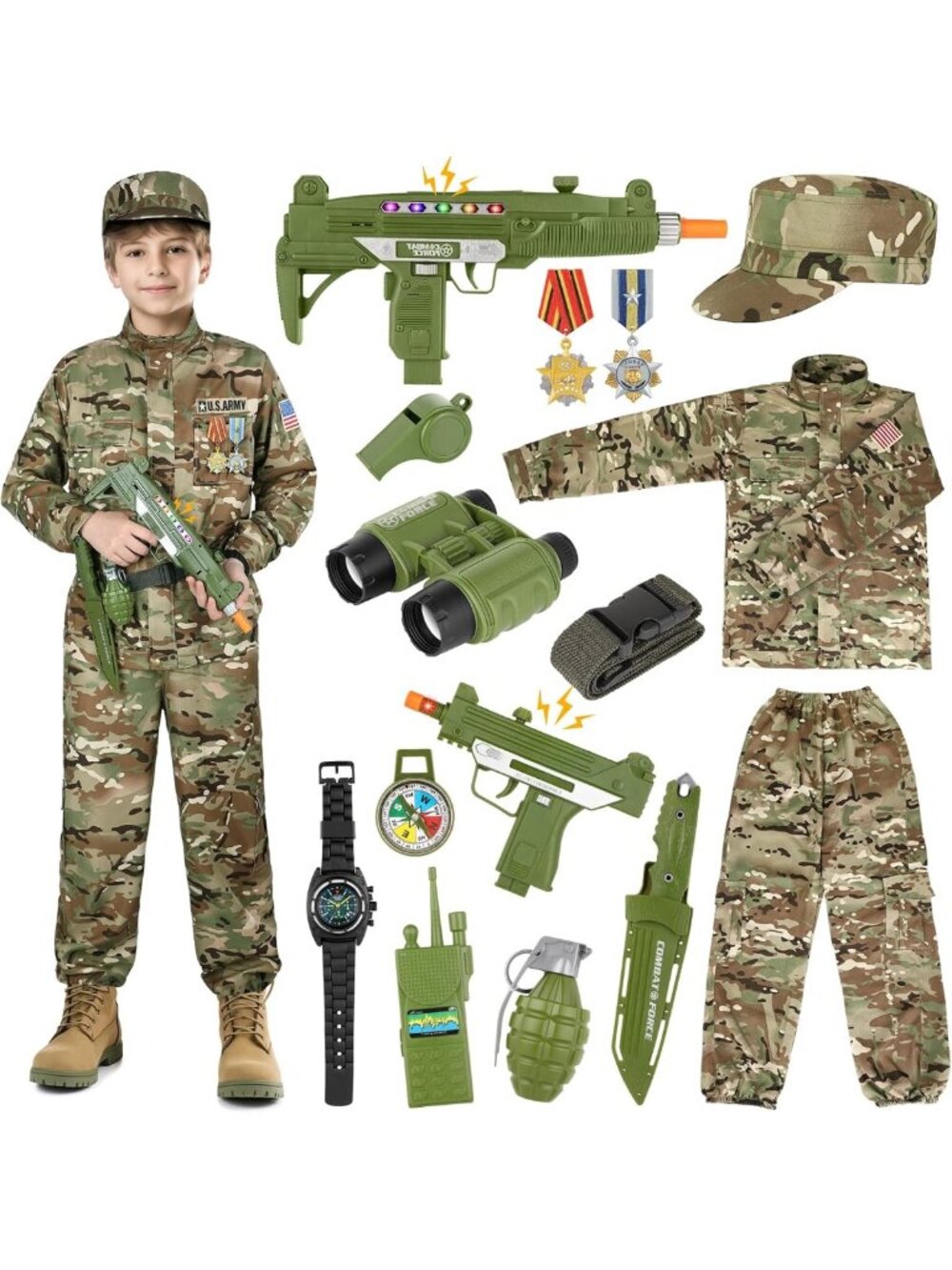 Military Army Costume for Boys - 15PCS Halloween Dress-Up Set, Kids' Costume